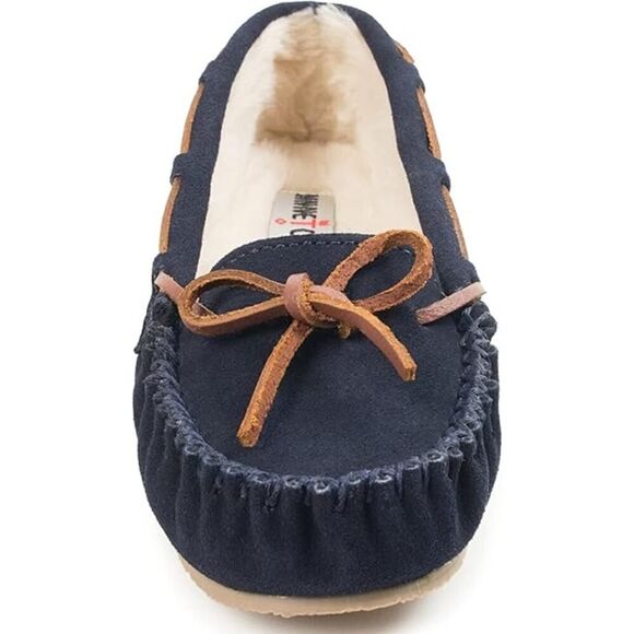 Minnetonka Slipper Womens Cally Moccasin Size 7M Navy Suede Sherpa Lining NIB - Picture 2 of 4